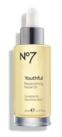 A clear glass dropper bottle labeled "No7 Youthful Replenishing Facial Oil," suitable for sensitive skin, 30 ml size, with pale yellow liquid inside.
