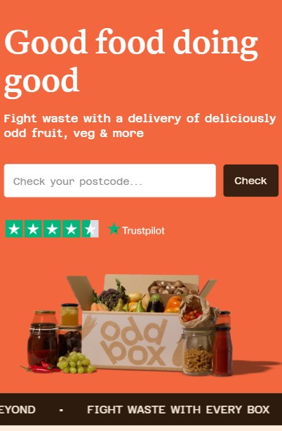 A cardboard Oddbox filled with assorted fruits and vegetables sits on an orange background, accompanied by jars and bottles. A Trustpilot rating is shown above.