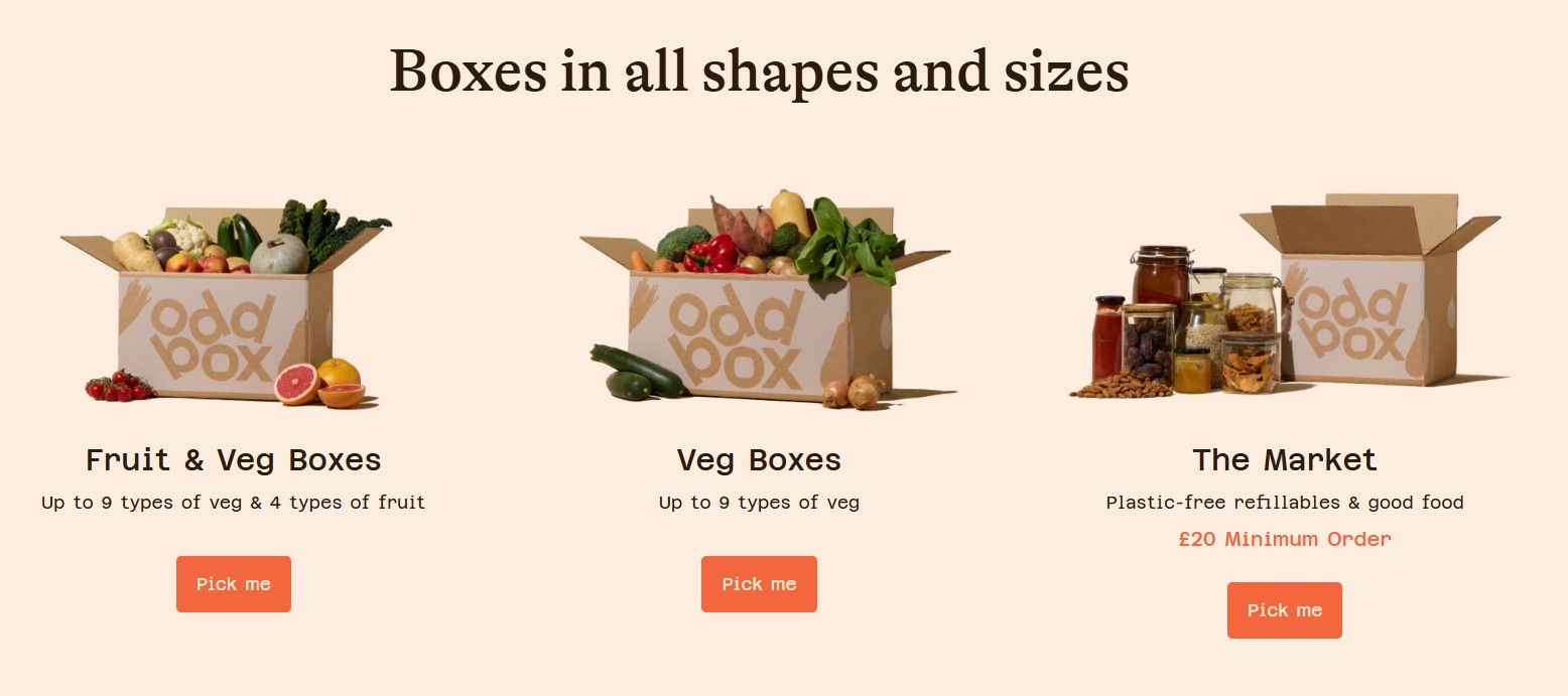 Three product options: fruit and veg boxes, veg boxes, and a market selection of jars; each displayed with descriptive text and a "Pick me" button on a beige background.