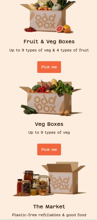 Three sections show boxes with assorted vegetables, fruits, and groceries. Labels read "Fruit & Veg Boxes," "Veg Boxes," and "The Market," each with descriptions and a "Pick me" button.
