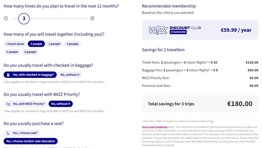 Screenshot of a Wizz Air booking page showing travel preferences, optional services, and a recommended membership for €59.99/year with a total savings summary for 3 trips at €180.00.