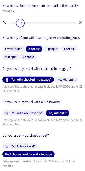 A travel booking form with selected options: 3 trips, 2 people, with checked-in baggage, with WIZZ Priority, and random seat allocation.