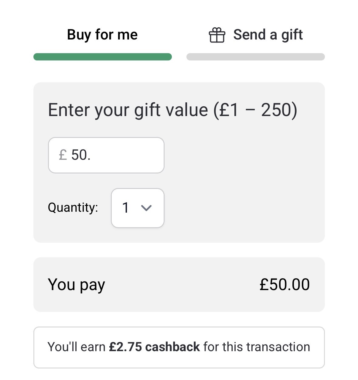 Online gift card purchase screen showing a £50 gift value, quantity set to 1, total payment of £50, and a £2.75 cashback offer highlighted.