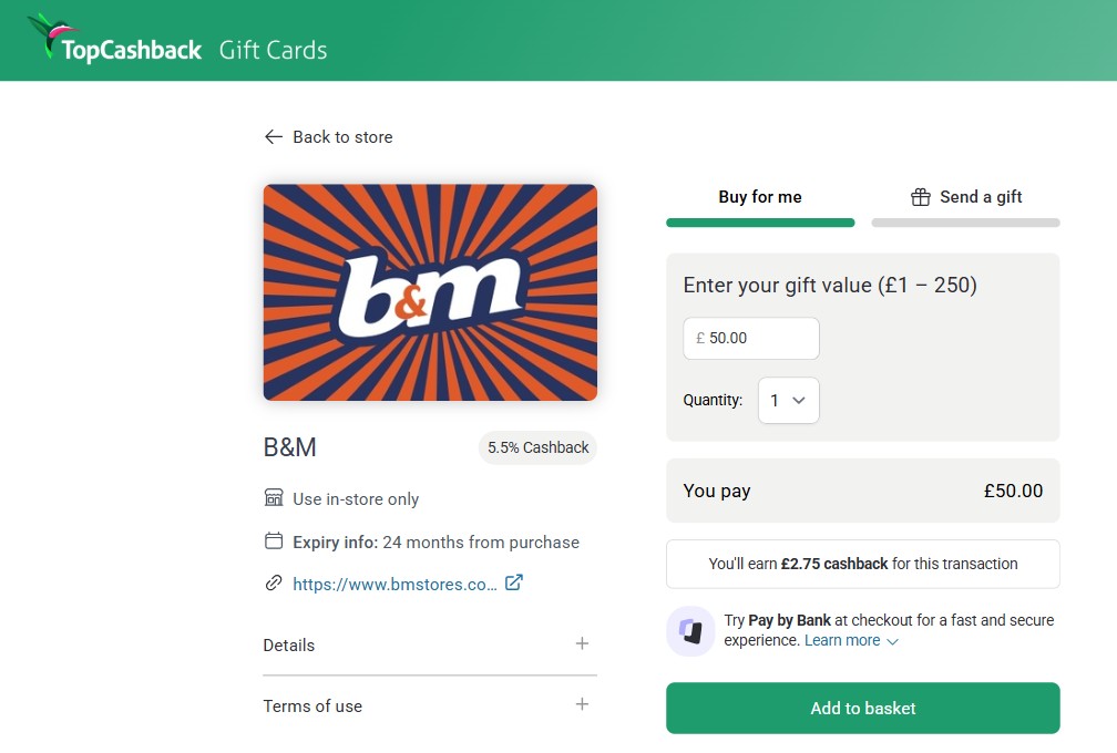 Screenshot of B&M gift card purchase page on TopCashback, showing a £50 card with 5.5% cashback, in-store use only, and 24 months expiry.