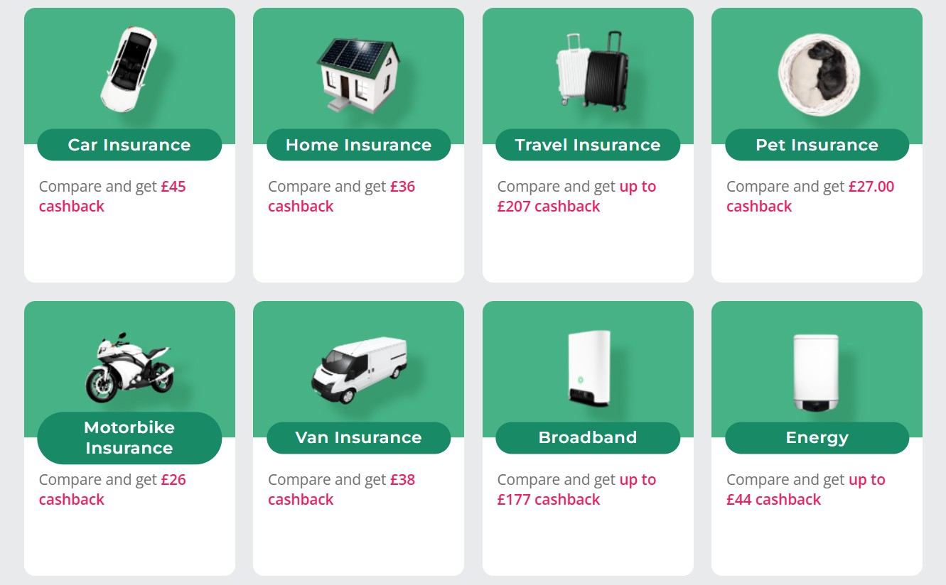 topcashback compare april 2026 Eight comparison service icons for car, home, travel, pet, motorbike, van insurance, broadband, and energy, each showing possible cashback amounts in British pounds.