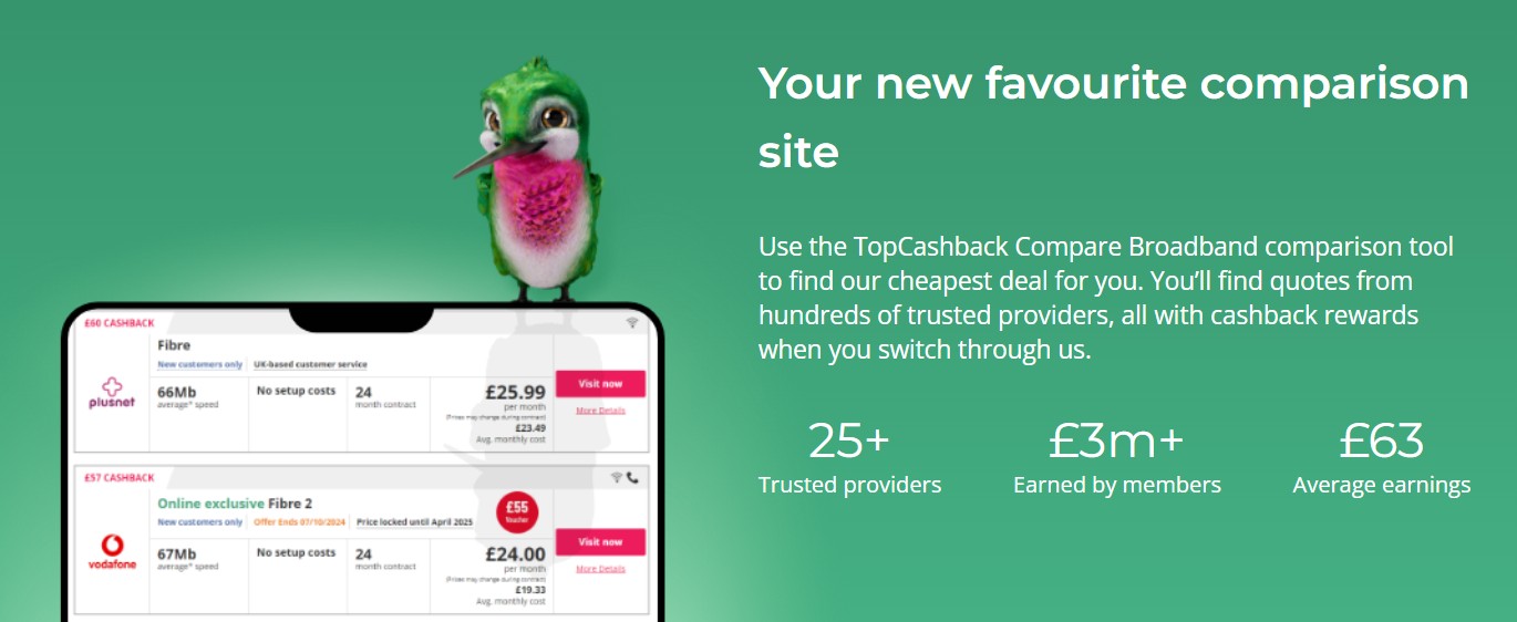 A cartoon hummingbird stands on a tablet displaying broadband deals, next to text promoting TopCashback’s broadband comparison tool with stats on providers, member earnings, and average cashback.