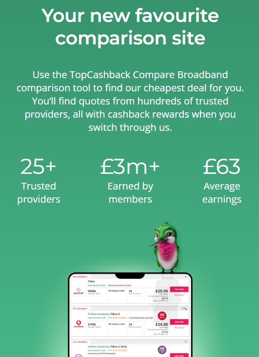 Screenshot of a broadband comparison site ad highlighting 25+ providers, over £3m earned by members, £63 average earnings, and a cartoon bird on a smartphone displaying offers.