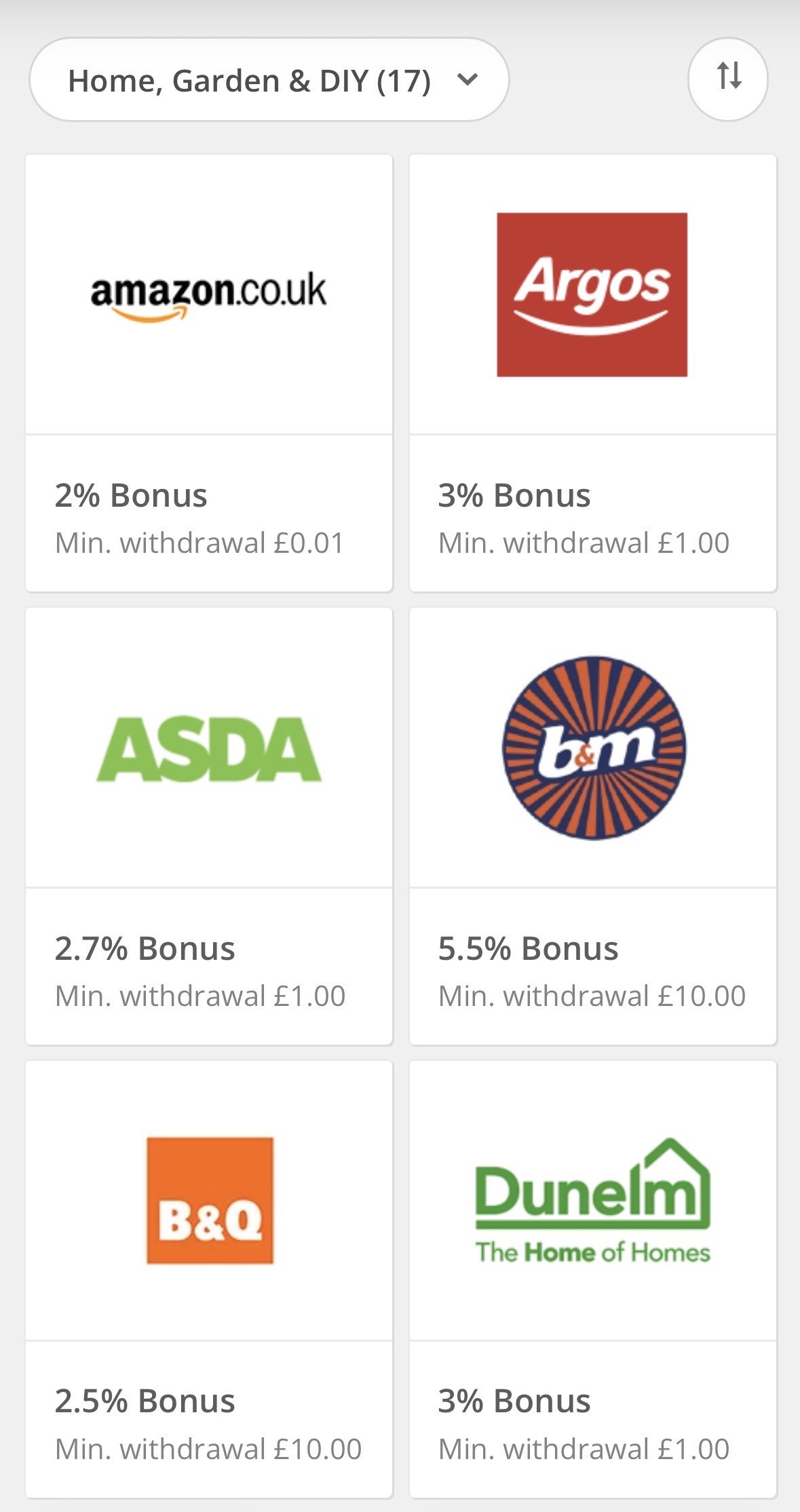 Grid showing six retail brands—Amazon, Argos, ASDA, B&M, B&Q, and Dunelm—with respective bonus percentages and minimum withdrawal amounts.