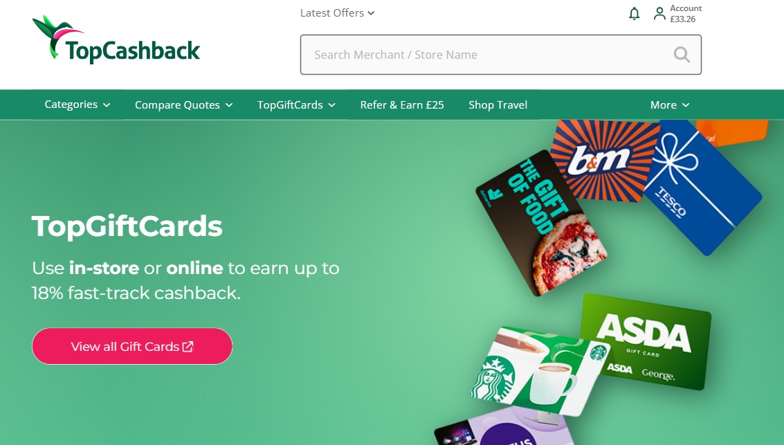 Screenshot of the TopCashback website showing the TopGiftCards section, various retailer gift cards, and a button to view all gift cards.