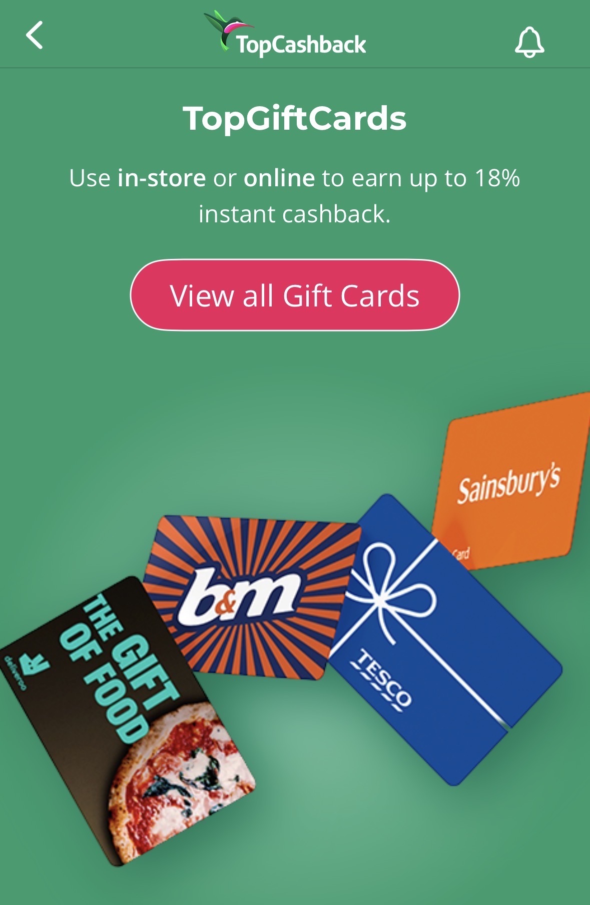 Four gift cards from Sainsbury’s, B&M, Tesco, and a food gift card appear under a banner for TopGiftCards and a button labeled “View all Gift Cards.”.