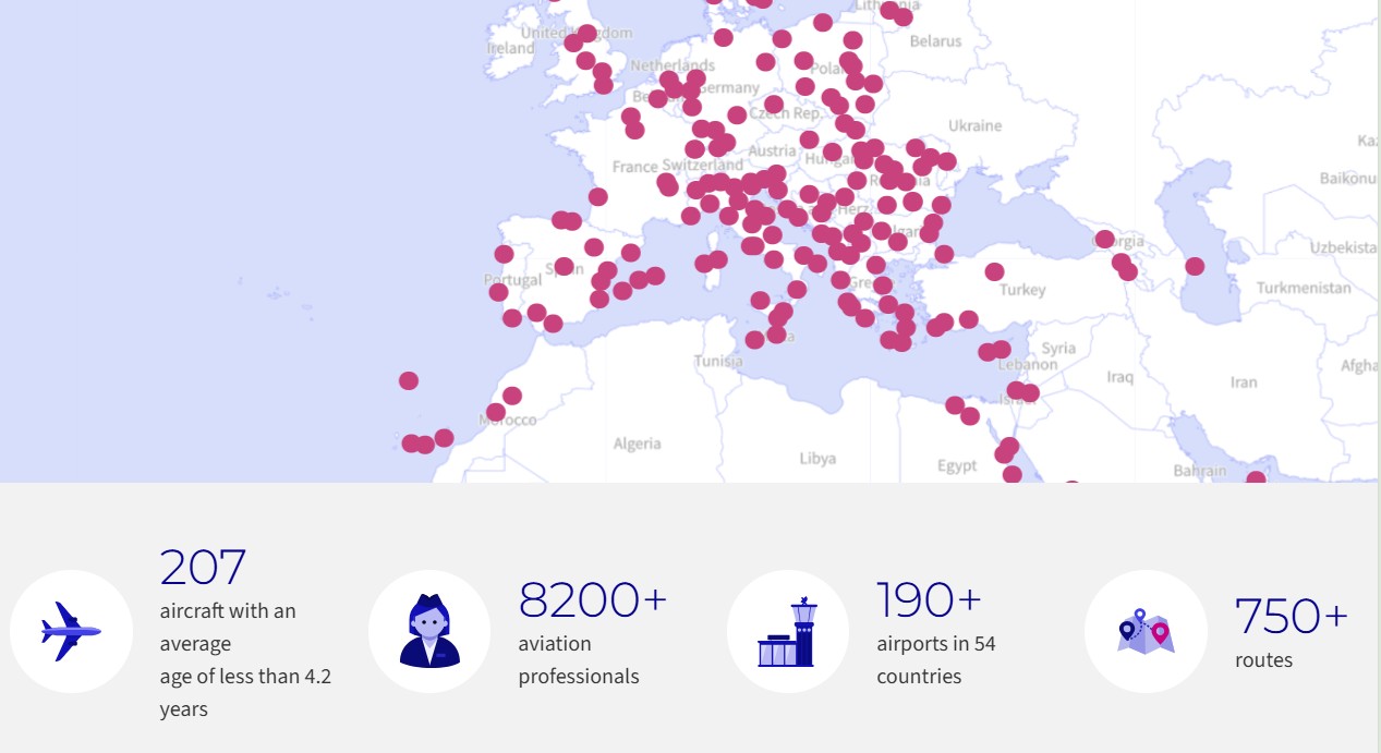 A map of Europe shows numerous magenta dots indicating locations, with infographics below listing aircraft, staff, airports, and routes statistics for an aviation company.