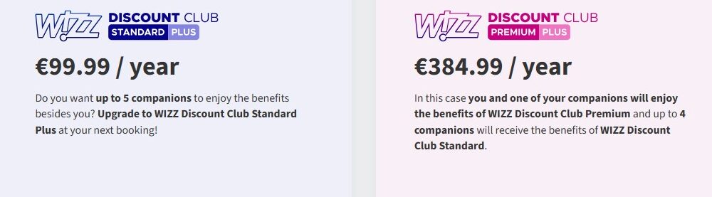 Two Wizz Discount Club membership options are shown: Standard Plus for €99.99/year and Premium Plus for €384.99/year, each with different companion benefits.