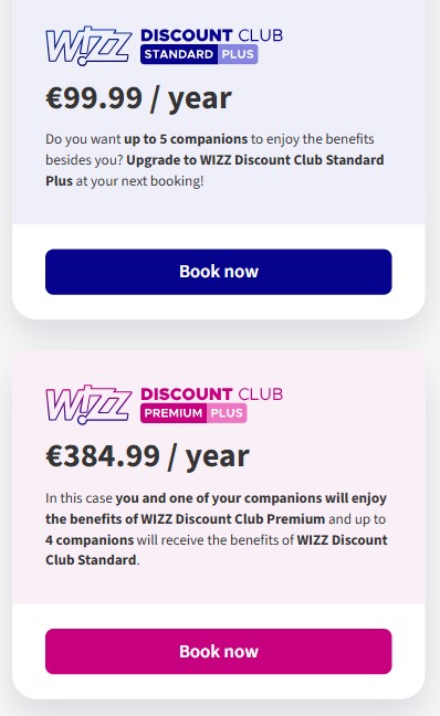 Two Wizz Discount Club membership options: Standard Plus at €99.99/year for up to 5 companions, and Premium Plus at €384.99/year for up to 4 companions plus Standard benefits.