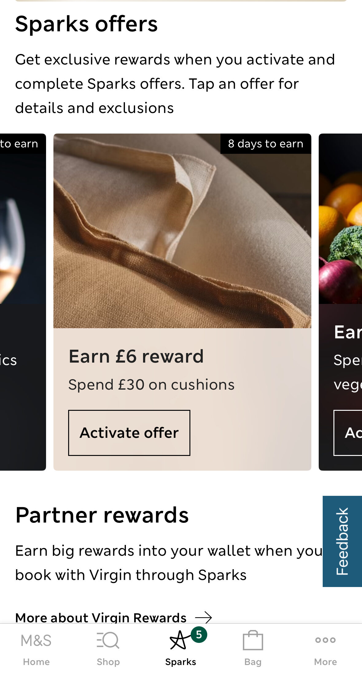 IMG_5822 Mobile app screen showing a Sparks offer: "Earn £6 reward. Spend £30 on cushions." There is a beige cushion in the background and an "Activate offer" button below the text.
