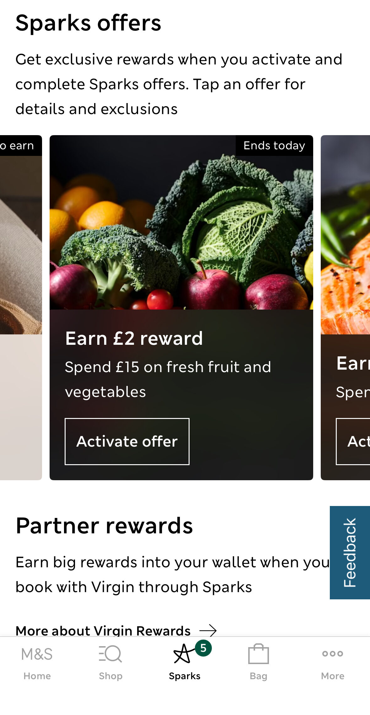IMG_5823 Sparks rewards app screen showing an offer: "Earn £2 reward. Spend £15 on fresh fruit and vegetables." Includes image of assorted produce and buttons to activate the offer.