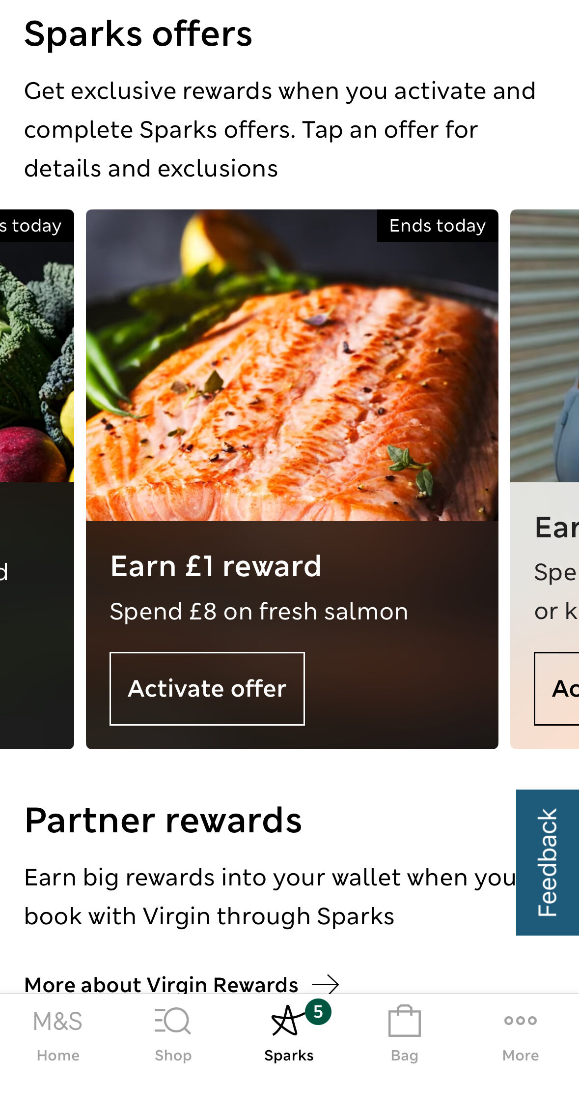 IMG_5824 A mobile app screen displays a Sparks offer: "Earn £1 reward. Spend £8 on fresh salmon." The offer features an image of cooked salmon and an "Activate offer" button.