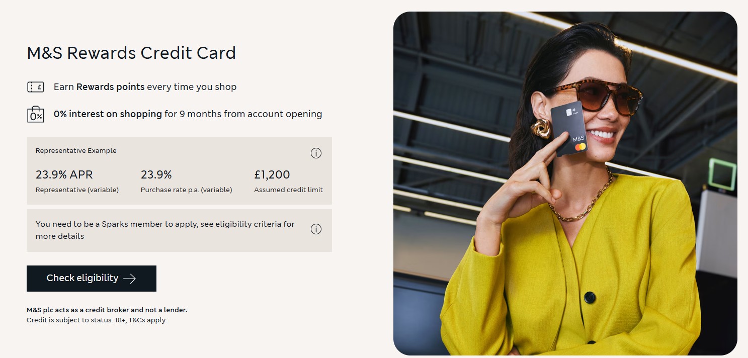 M&S credit card sparks A woman in a yellow blazer and sunglasses holds an M&S Rewards Credit Card, smiling, with credit card details and eligibility information displayed on the left.