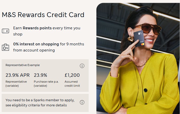 M&S credit card sprks mobile A woman in a yellow outfit holds an M&S Rewards Credit Card; text details rewards points, 0% interest for 9 months, and representative APR and credit limit information.