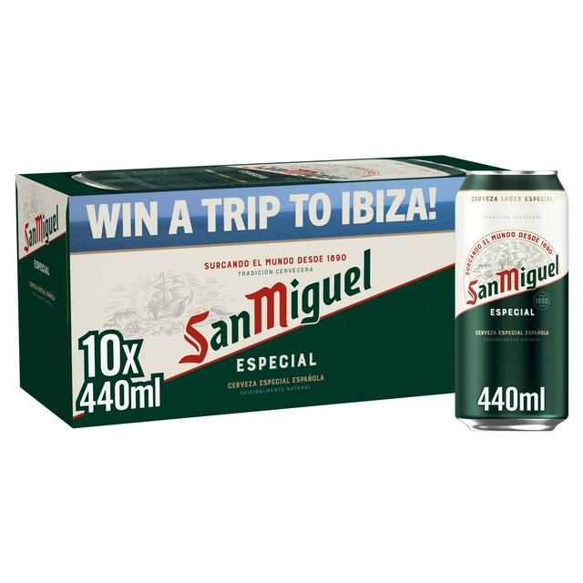 A 10-pack of San Miguel beer, available with a discount at Sainsbury's supermarket