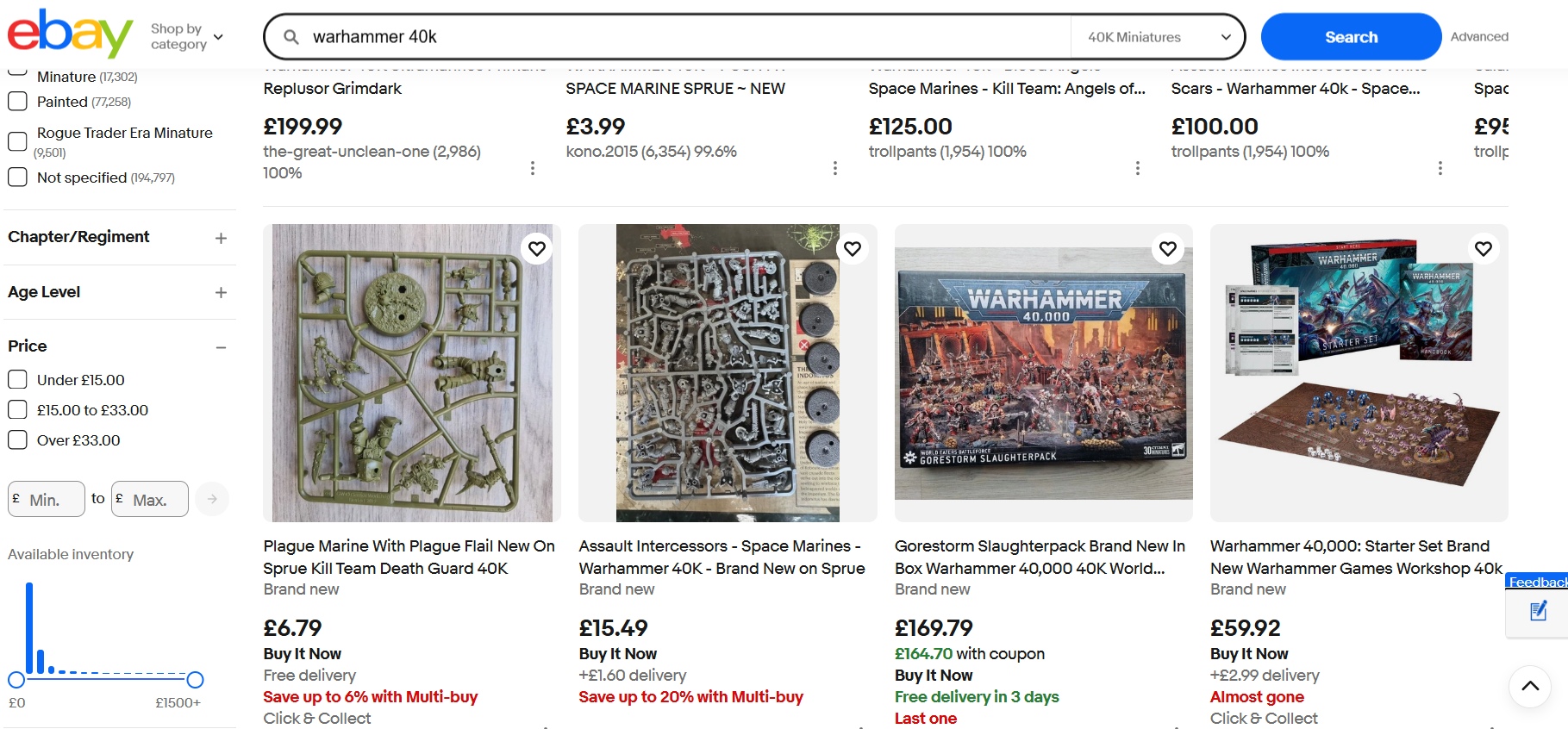 cheap Warhammer ebay Screenshot of eBay search results for "Warhammer 40k" showing various miniatures, sprues, and boxed sets with prices and condition listed.