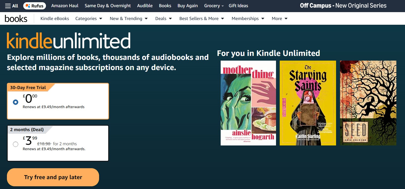 Kindle Unlimited homepage showing subscription options, promotional banner, and book covers for Motherthing and The Starving Saints.