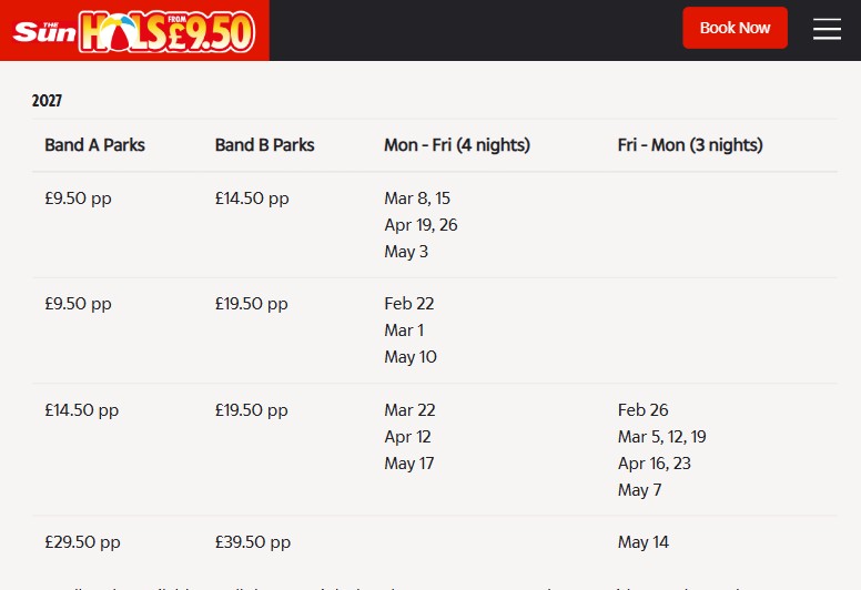 may 2026 desktop 2 Table displaying 2027 Sun Holidays prices for Band A (£9.50 pp) and Band B (£14.50 pp) parks, with dates for 4-night and 3-night stays in March, April, and May.