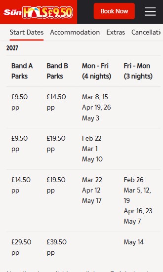 A table listing 2027 holiday park prices and dates, showing different rates for Band A and Band B parks for Mon-Fri and Fri-Mon stays.
