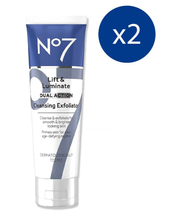 no7 lift and luminate Tube of No7 Lift & Luminate Dual Action Cleansing Exfoliator with a blue “x2” sign indicating a pack of two.