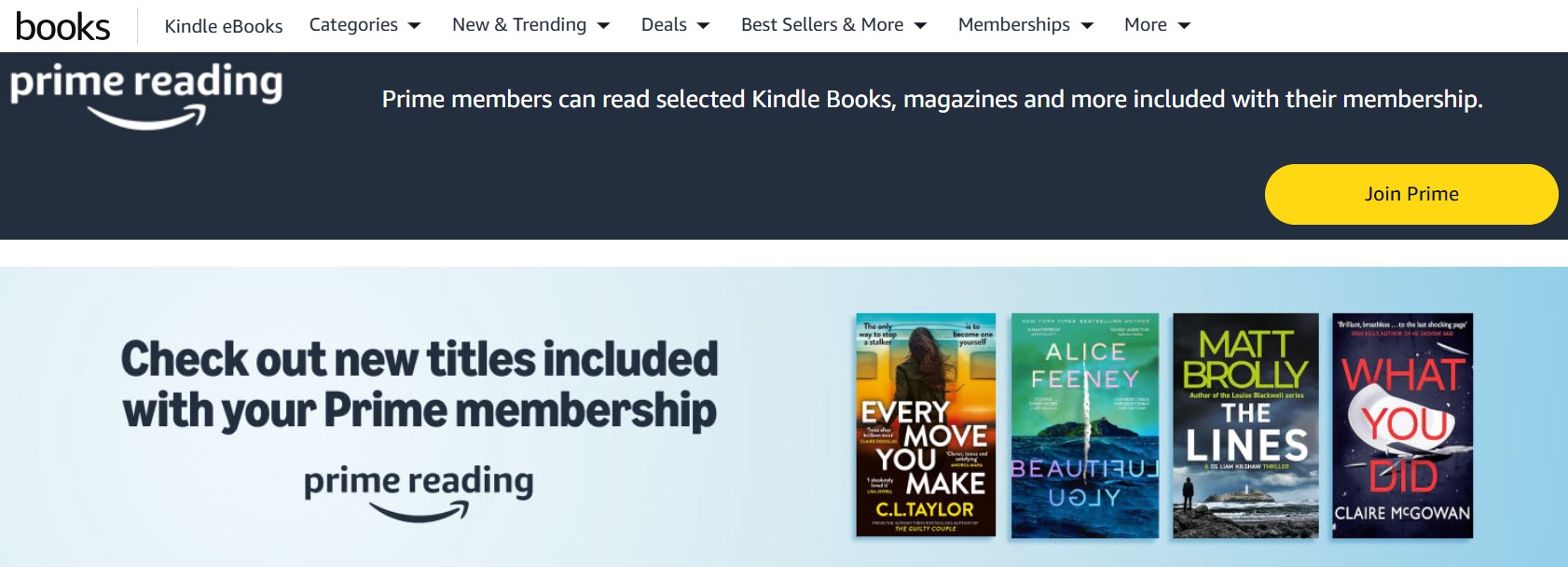 Amazon Prime Reading banner showing announcement of new titles included with Prime membership, with five book covers displayed and a "Join Prime" button.