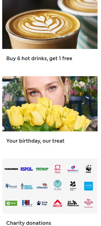 remaining perks mobile A latte with heart-shaped foam, a woman holding yellow flowers, and various charity logos are shown to promote drinks, birthday treats, and charity donations.