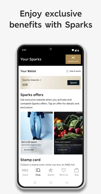 sparks 2 A smartphone screen displays the Sparks rewards app, showing a £20 balance, current offers, and a digital stamp card for M&S.