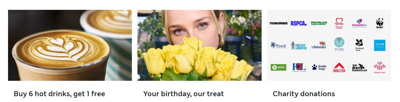 sparks remaining perks Three promotional offers: Buy 6 hot drinks, get 1 free; birthday treat with yellow flowers; charity donation logos.