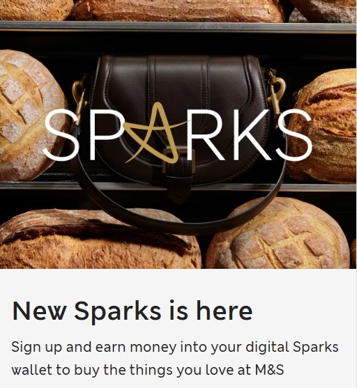 sparks1 mobile A brown handbag is displayed among loaves of bread with the text "SPARKS" overlaid. Promotional text below announces the launch of the Sparks digital wallet at M&S.