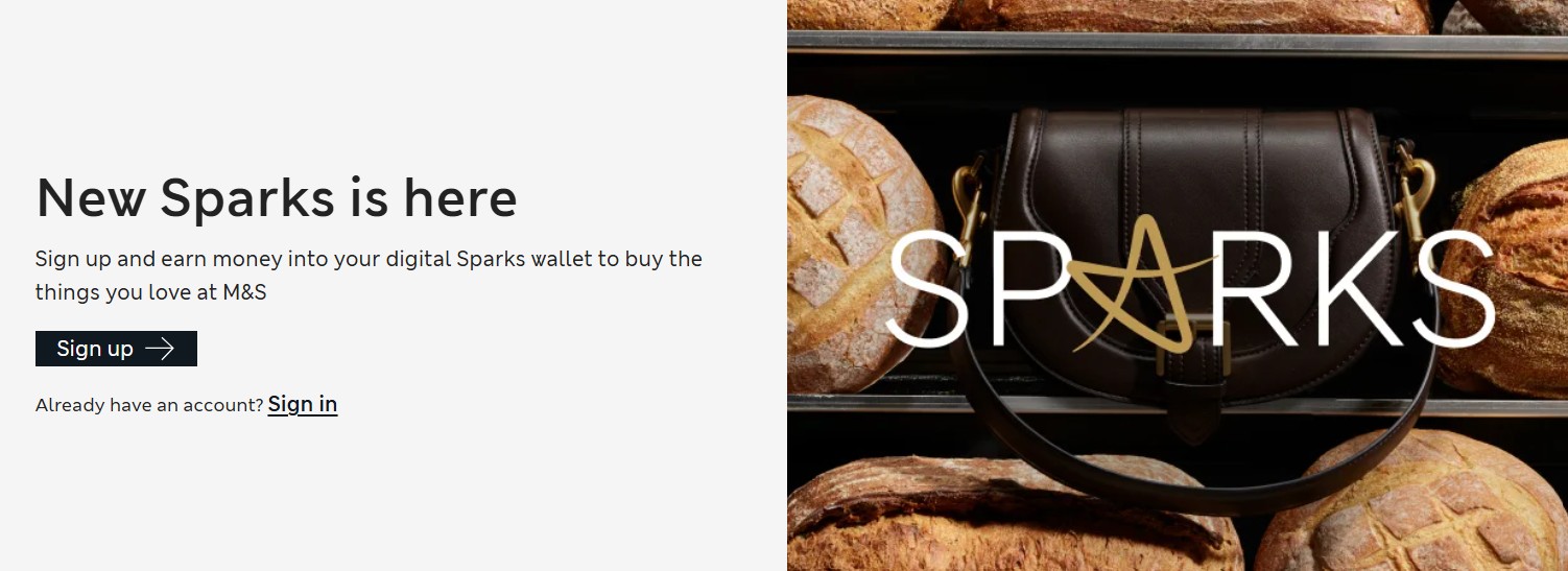new sparks card A brown handbag displayed among loaves of bread with the word "SPARKS" overlaid; promotional text invites users to sign up for a digital Sparks wallet at M&S.