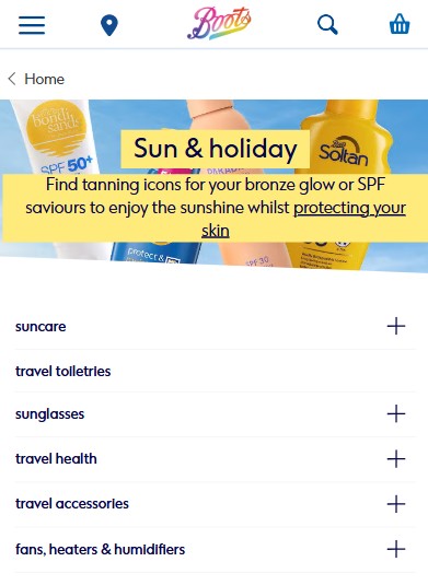 boots mobile - Copy Screenshot of the Boots website showing a "Sun & holiday" section with sunscreen products and a menu listing categories such as suncare, sunglasses, and travel accessories.