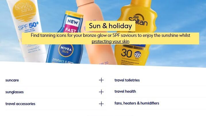 boots travel extras A selection of SPF sunscreen products and travel essentials are displayed under the heading "Sun & holiday" on a website, with categories for suncare, travel health, and related items.