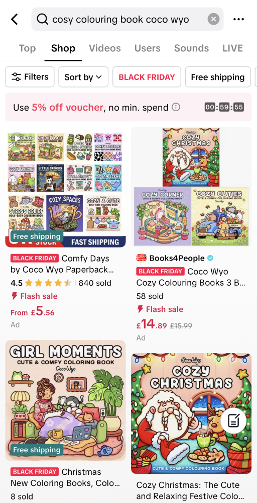 Screenshot of an online shop search for "cosy colouring book coco wyo," displaying various coloring books with illustrated covers and prices.