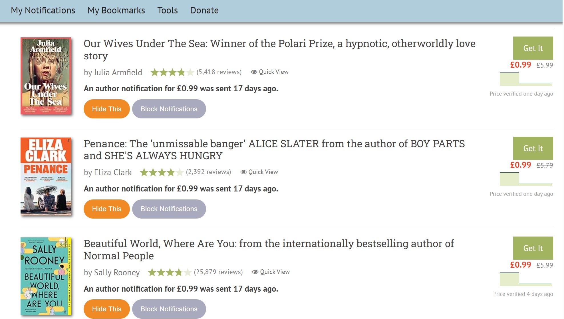 eReaderIQ price drops Screenshot of a webpage listing three books with titles, authors, ratings, descriptions, prices, and options to hide or block notifications for each book.