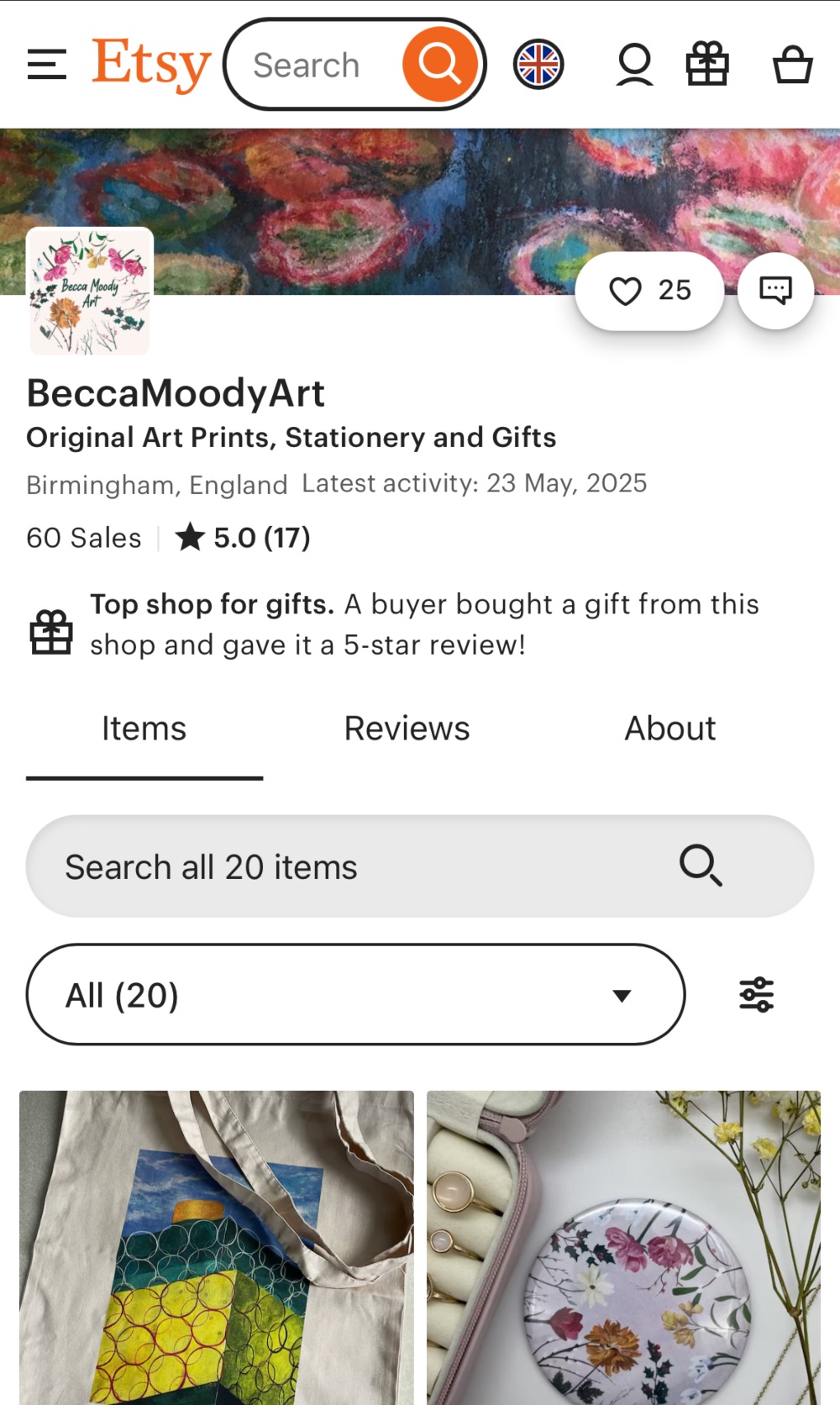 etsy store mobile Screenshot of an Etsy shop page for BeccaMoodyArt, selling original art prints, stationery, and gifts, showing shop rating, sales, and a preview of art products.