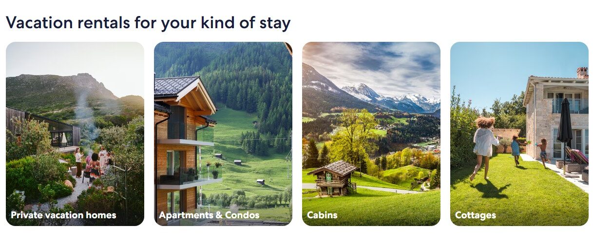 expedia accommodation Five photos of different vacation rentals: private homes on hills, apartments and condos, cabins in mountains, cottages with gardens, and villas with lawns under a blue sky.