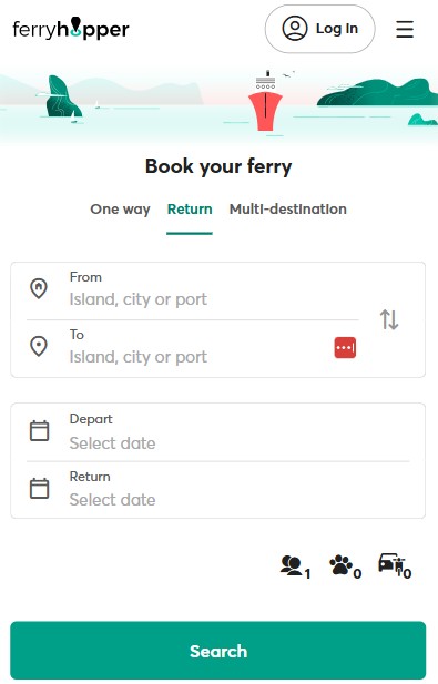ferryhopper mobile - Copy Ferry booking webpage showing options for one way, return, and multi-destination trips, with fields for departure, return dates, and number of passengers or pets.
