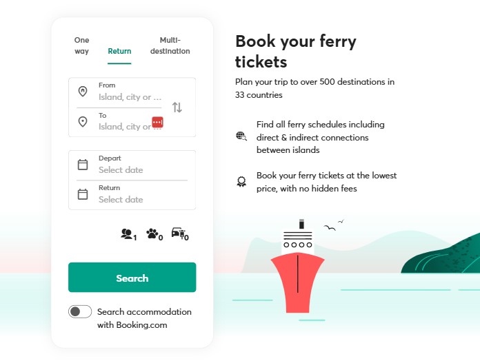 ferryhopper Ferry booking webpage showing a form for trip details and an illustration of a ferry on water with hills in the background. Text highlights booking features and destination options.