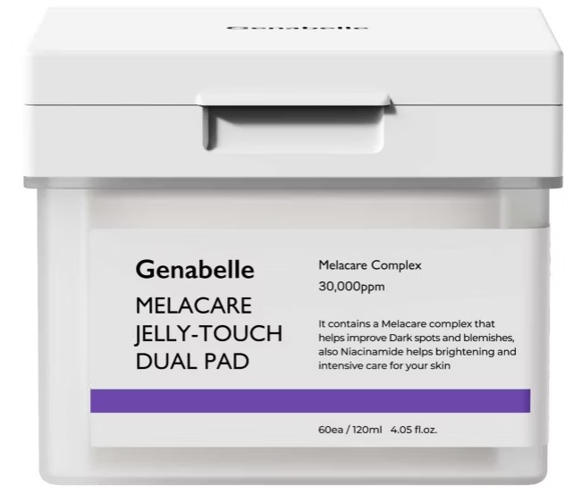 A white container of Genabelle Melacare Jelly-Touch Dual Pad, labeled with product details and skincare benefits, containing 60 pads (120ml, 4.05 fl.oz).
