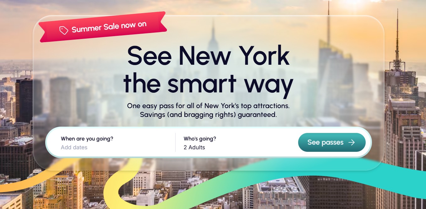 go city A promotional banner for a New York attractions pass, featuring a blurred city skyline, a "Summer Sale now on" tag, and fields to select dates and number of adults.