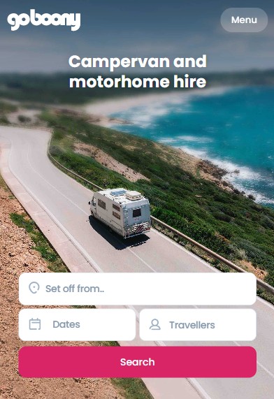 goboony mobile - Copy A campervan drives along a coastal road beside the sea, with a booking form overlay for campervan and motorhome hire.