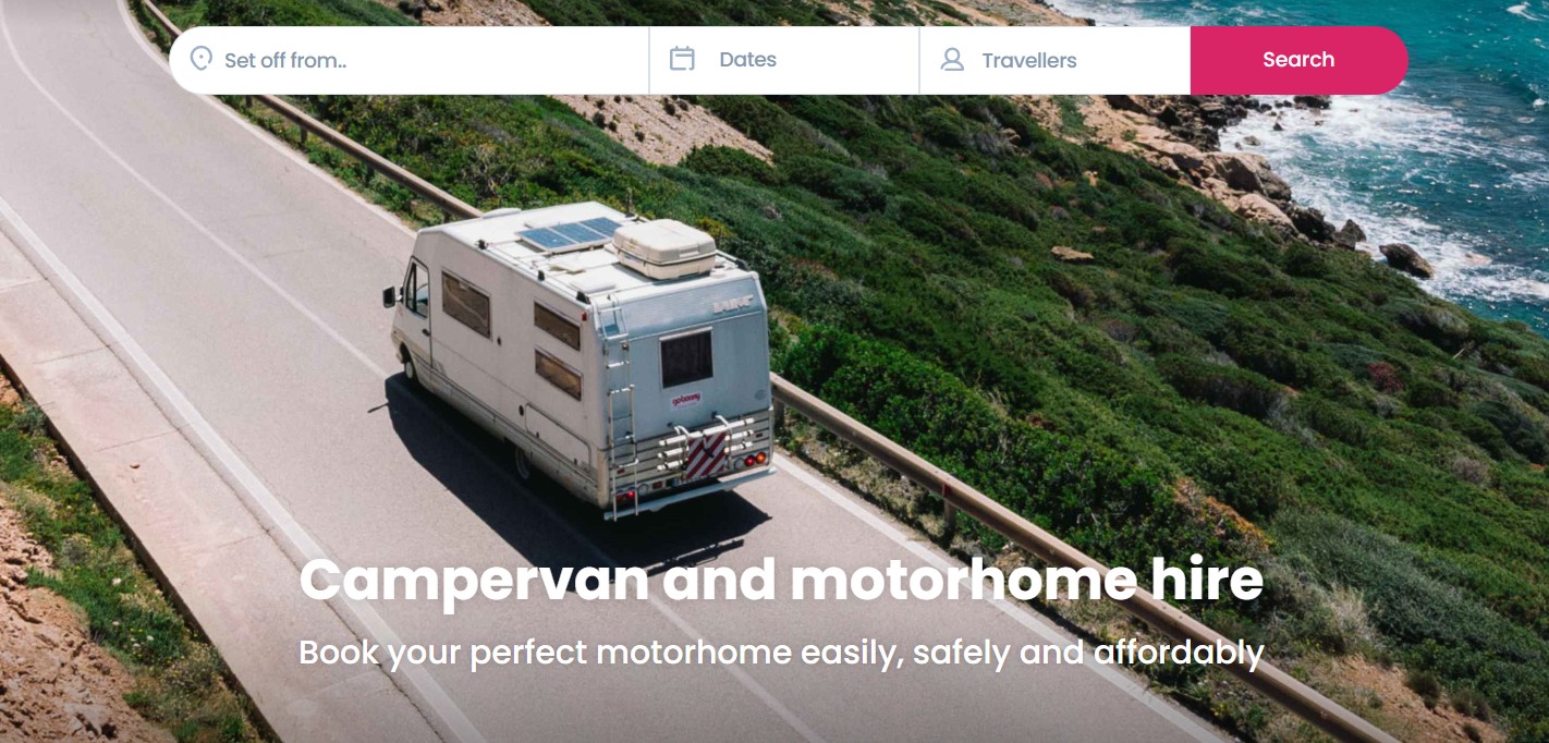 goboony A white campervan drives along a coastal road next to the sea, with a booking search bar and text promoting campervan and motorhome hire.