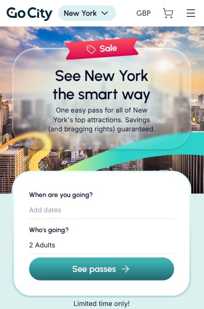 gocity mobile - Copy Go City website page offering a New York attractions pass, with fields to select travel dates and number of adults, and a button labeled "See passes.