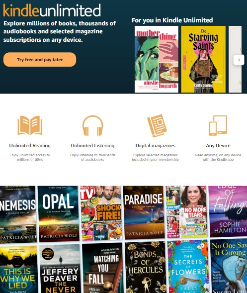 Kindle Unlimited promotional page featuring books, audiobooks, magazines, and service benefits like unlimited reading, listening, and multi-device access. Several book covers are displayed below.