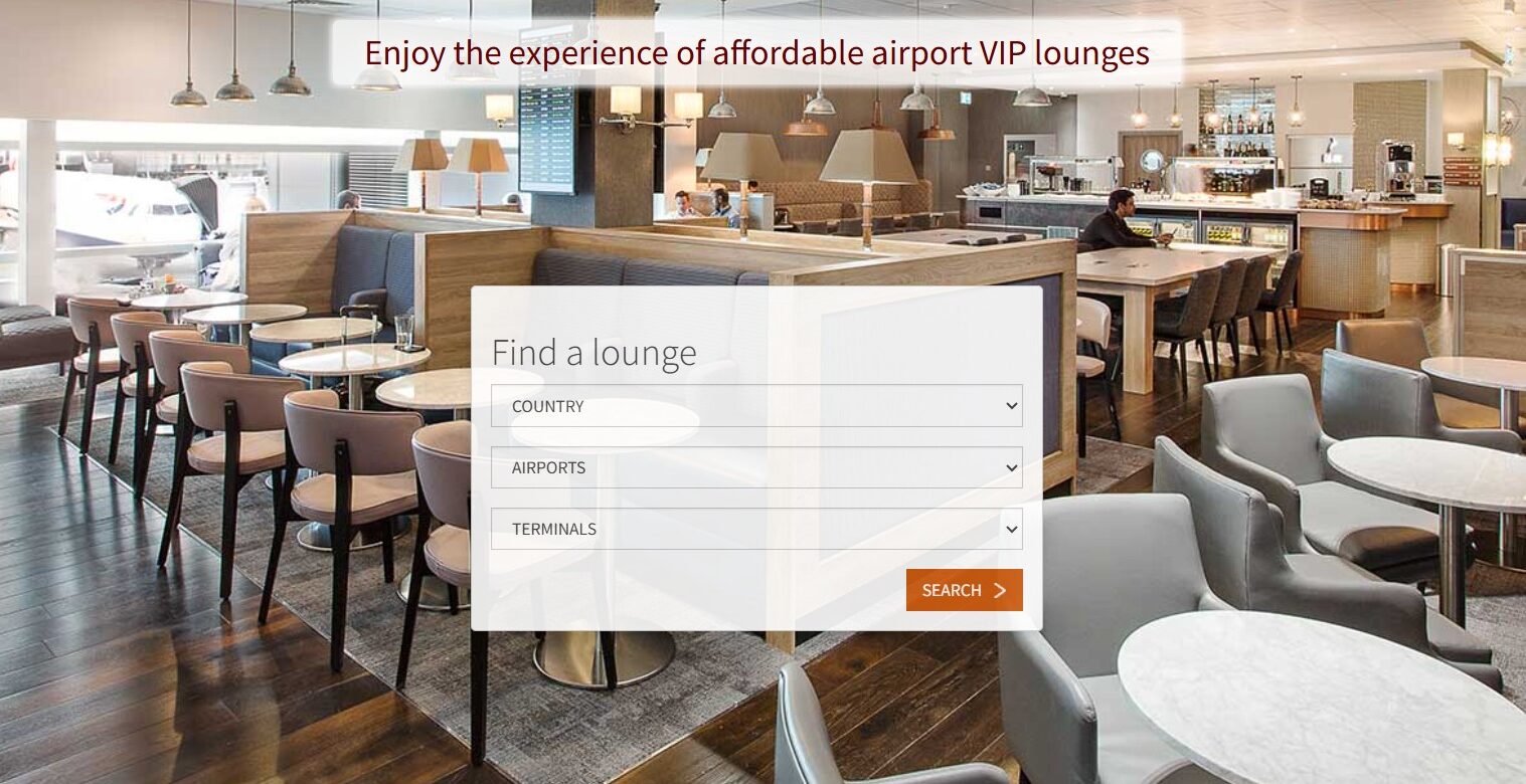 lounge pass Modern airport VIP lounge with tables, chairs, and a bar area; a search form for finding lounges is displayed in the center of the image.
