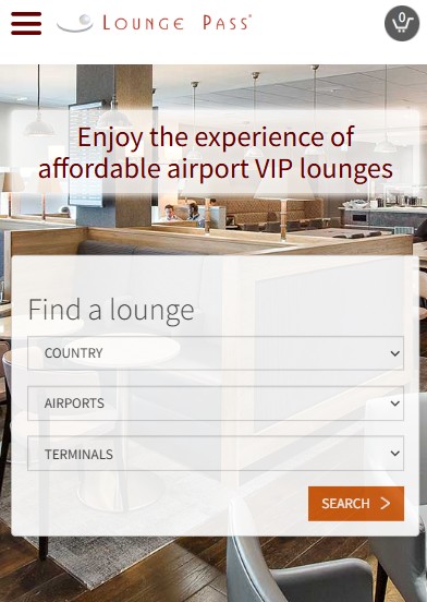 lounge pass mobile A website page for Lounge Pass shows a search form for airport VIP lounges, with options for country, airport, and terminal selection.